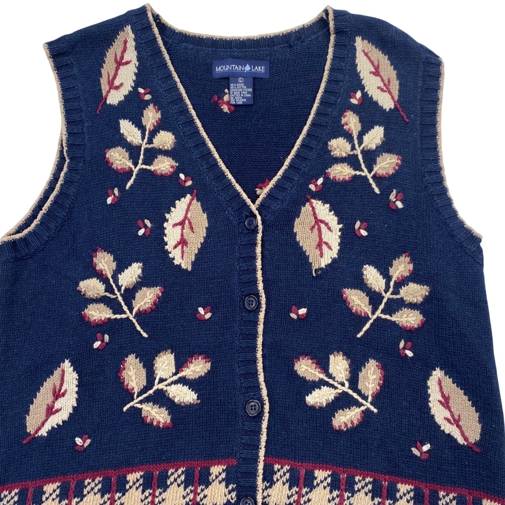 Mountain Lake VTG Sweater Vest Womens L Navy Blue Leaf Houndstooth Button Front